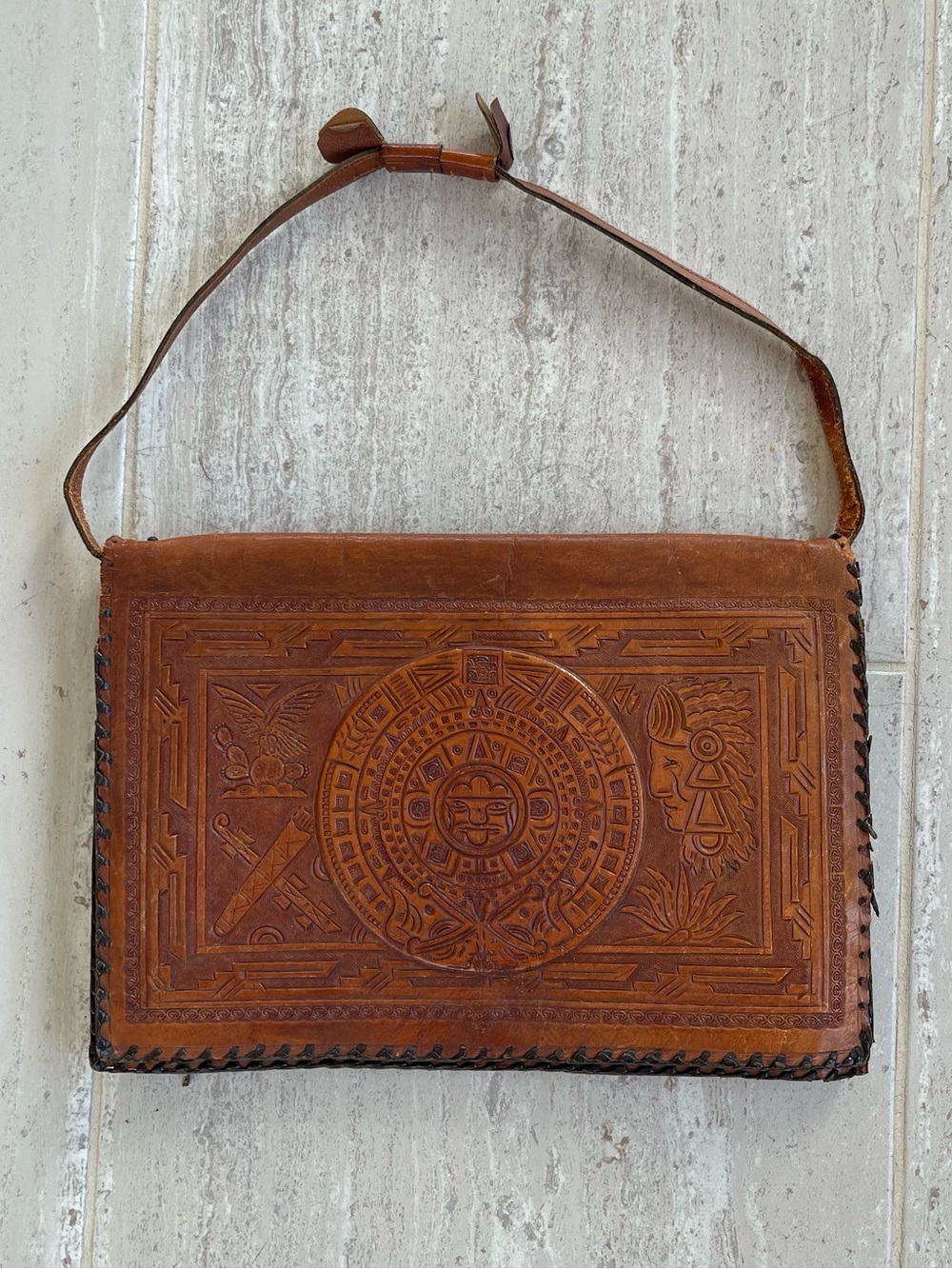 Vintage Tooled Leather Purse Aztec Calendar Mexico Shoulder Bag